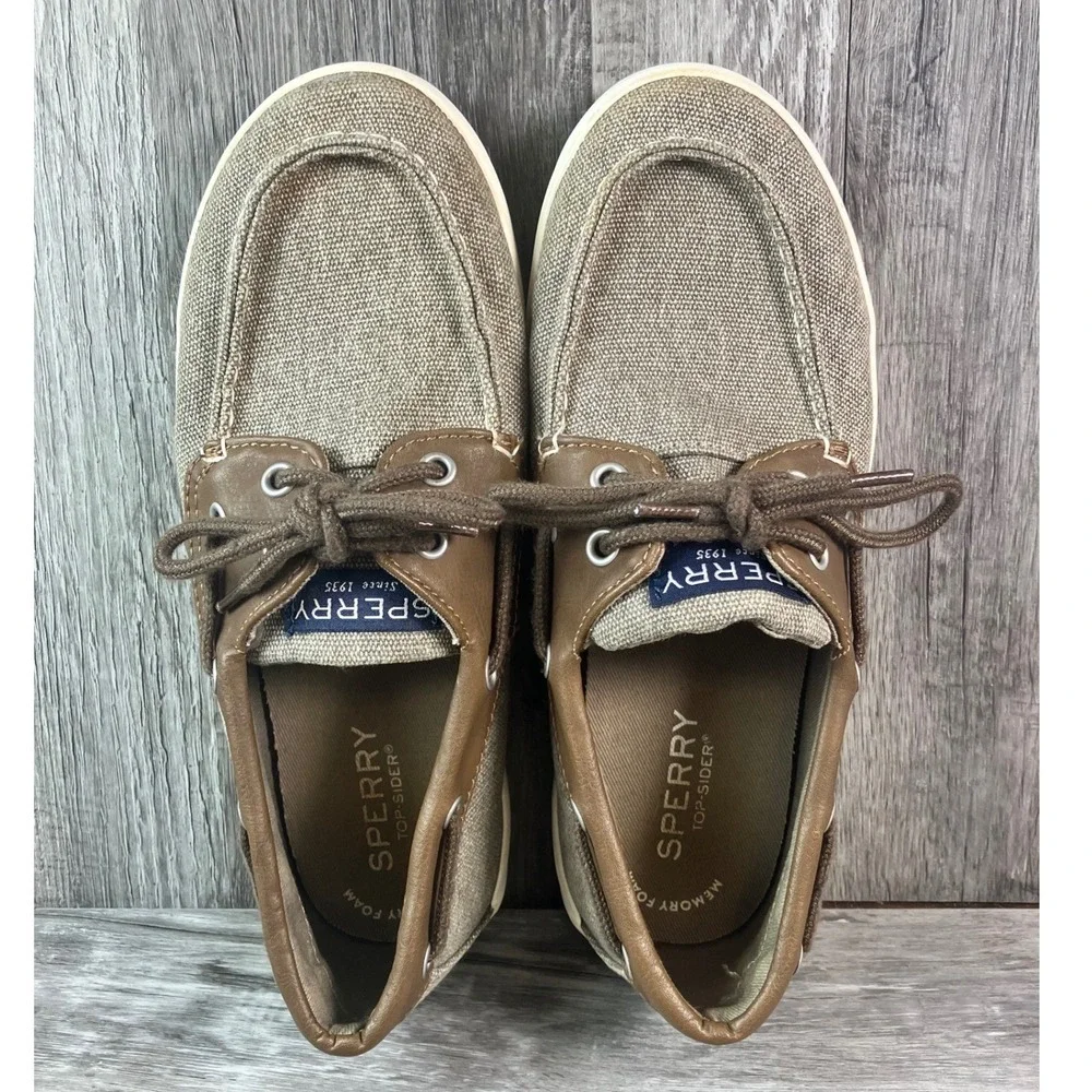 Sperry Top-Sider Tuck Kids Boat Shoes Tan Canvas Brown Trim Memory Foam Size 3M